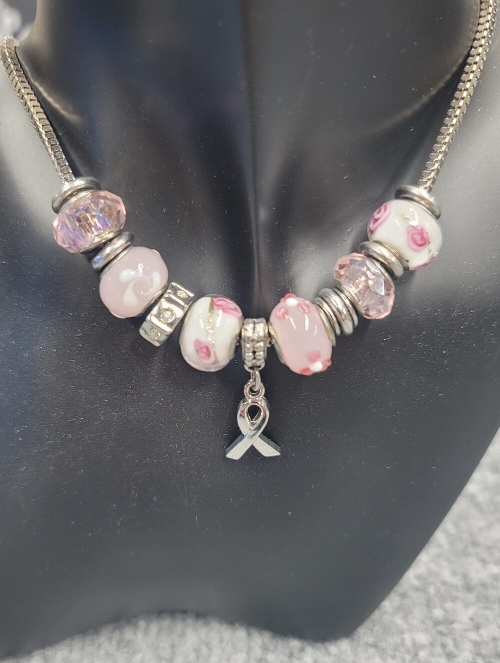 Pink Ribbon Breast Cancer Awareness Pandora Style Necklace